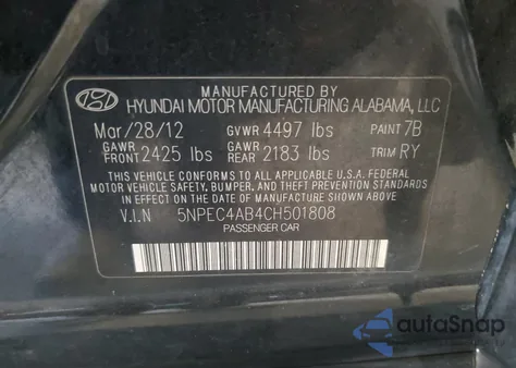2012 Hyundai Sonata Se from USA, damaged, VIN 5NPEC4AB4CH501808